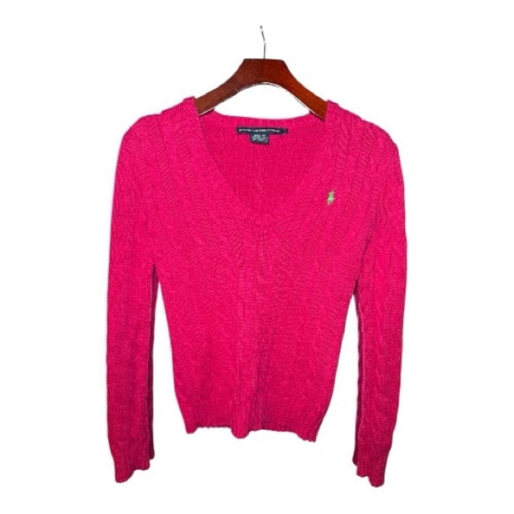 Ralph Lauren Sport Women's Cable Knit V-Neck Sweater Small Pink